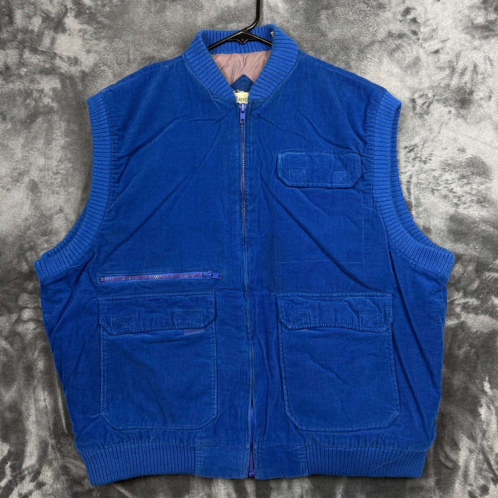 St. Johns Bay Vest Mens 2XL Blue Corduroy Quilted Lined Full Zip Utility Pocket